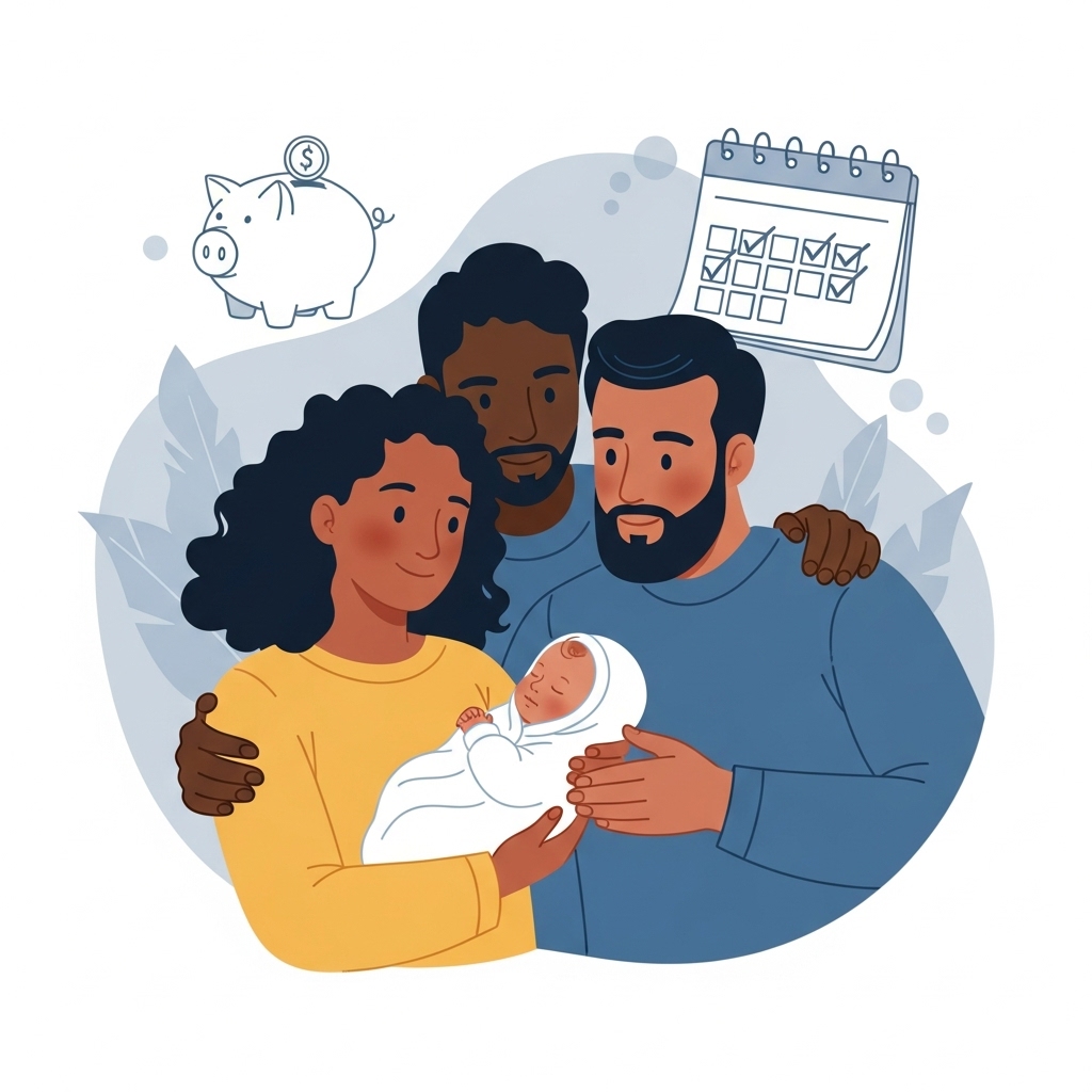 사랑스러운 아기를 안고 있는 행복한 부모의 모습과 육아휴직 급여의 경제적 안정감을 상징하는 배경 요소. 부모의 표정에서 평온함과 만족감이 느껴진다.