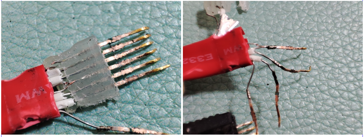 예전에 빨간색 사타케이블을 분해한 사진인데요. 이 제품은 접속부와 전선이 납땜해놓고 글루건으로 덮어둔 케이블입니다.