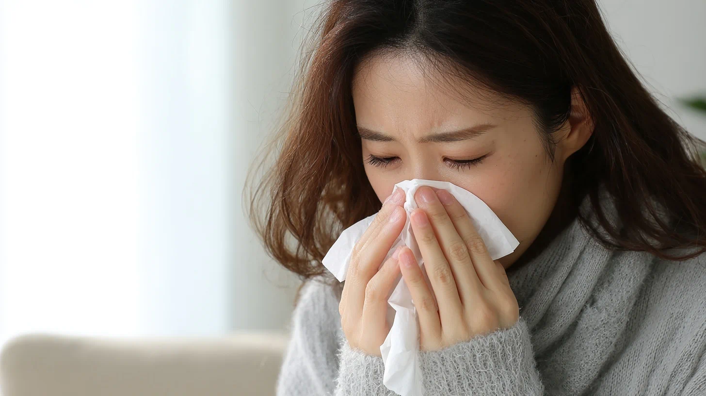 알레르기 비염 증상으로 코를 닦는 사람 이미지