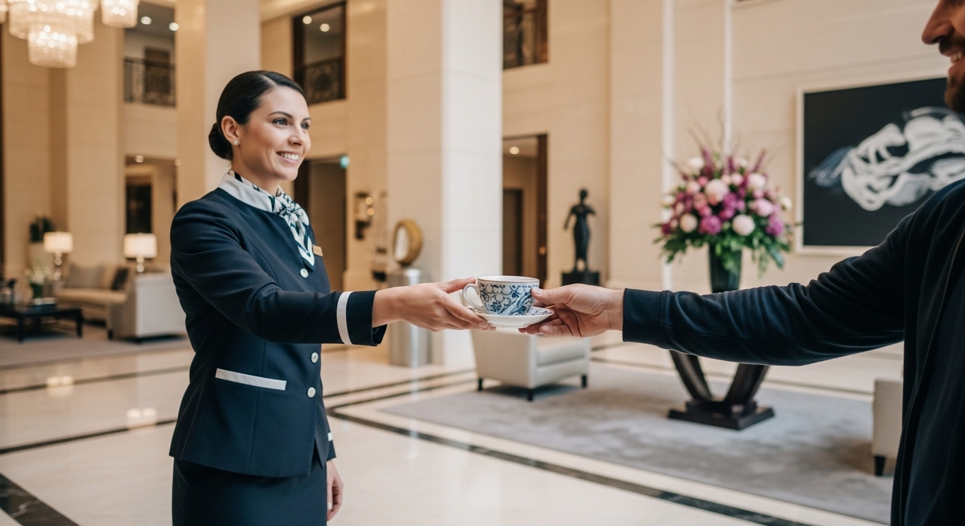 고급 아파트 로비에서 컨시어지 직원이 입주민에게 친절하게 커피 서비스를 제공하고 있는 모습.
