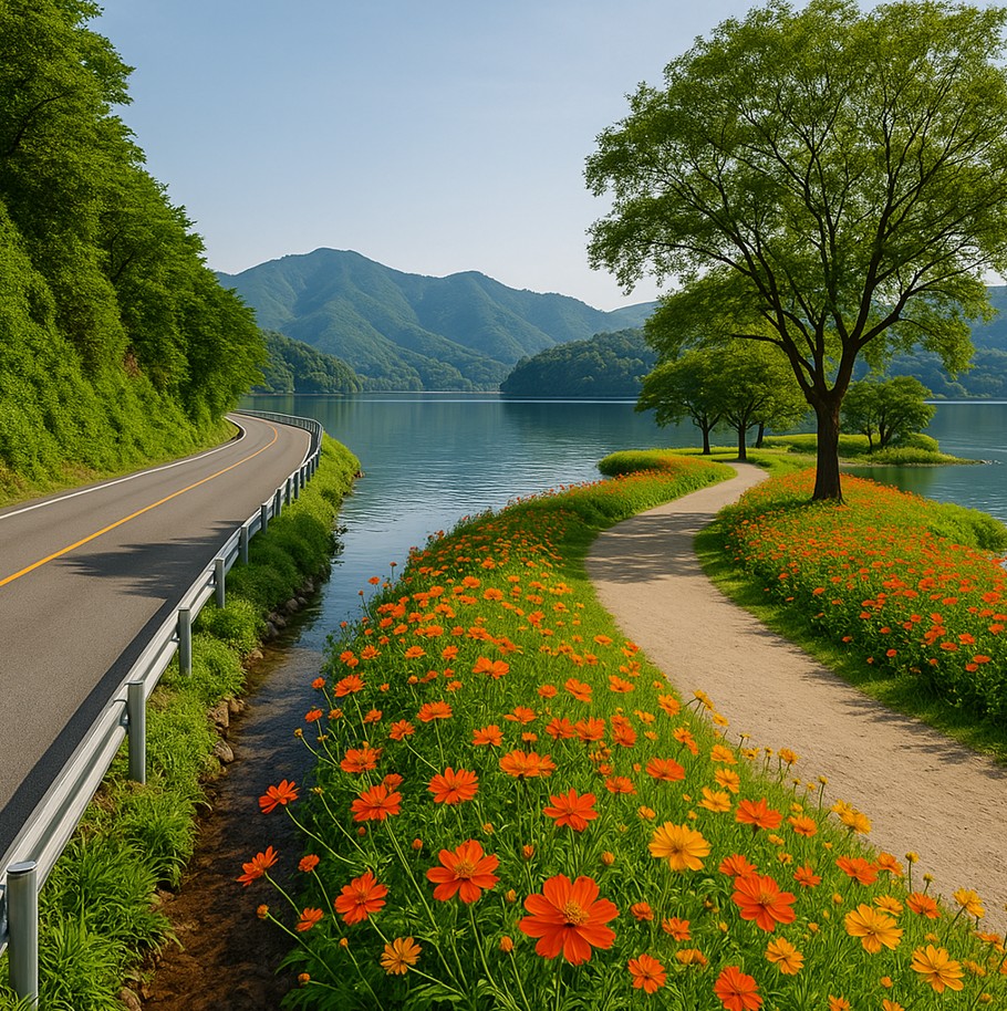 꽃과 나무와 강이 보이는 드라이브 길 사진