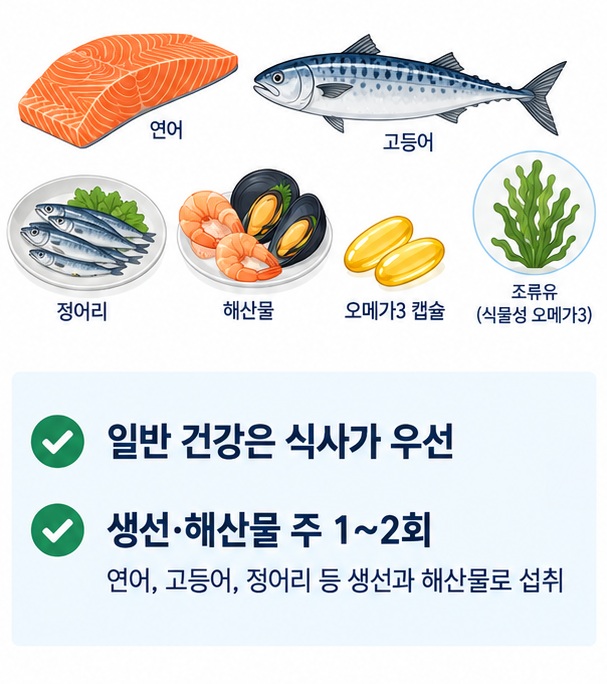 생선과 해산물 섭취를 기본으로 하고 필요할 때 오메가3 보충제를 고려하는 모습을 보여주는 이미지