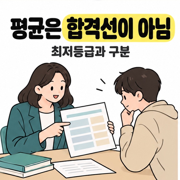평균은 합격선이 아님과 최저등급과 구분 문구 아래에서 진학 상담 교사가 성적 자료를 가리키며 학생에게 설명하고 있다.