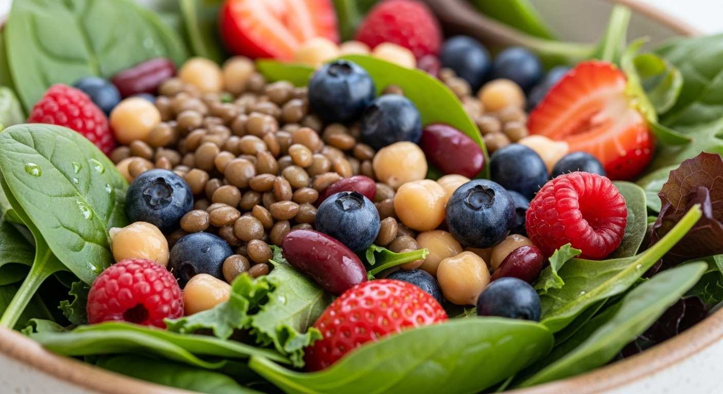 신선한 녹색 잎채소, 베리류, 렌틸콩, 병아리콩이 어우러진 다채로운 건강 샐러드.