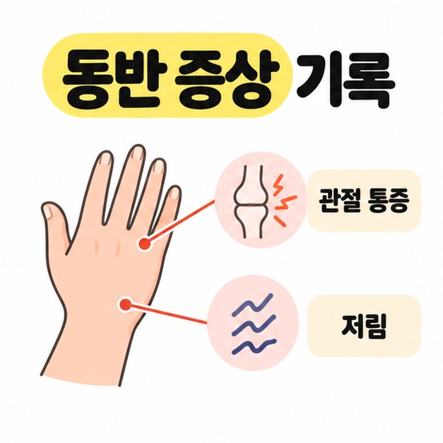 동반 증상 기록 제목 아래 손과 손목 삽화를 관절 통증과 저림 레이블에 연결한 관찰 항목 도식