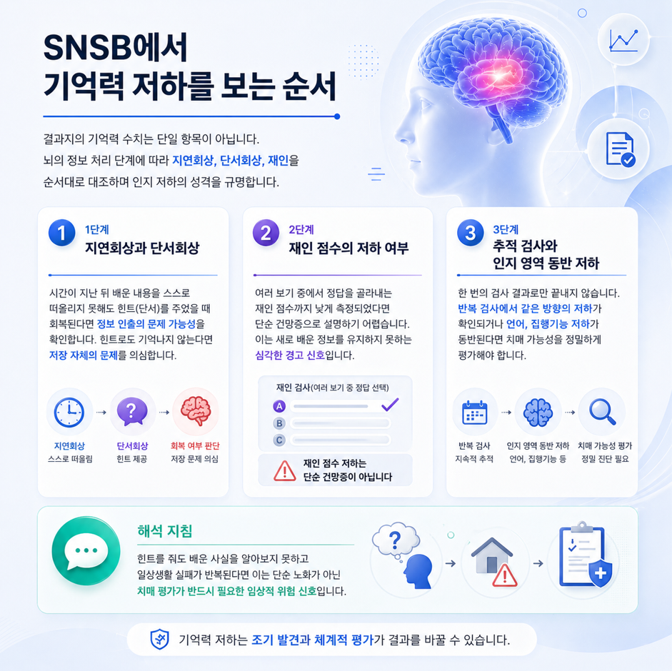 기억성 경도인지장애 판단 기준, 생활 기능과 가족 개입 여부 설명 인포그래픽