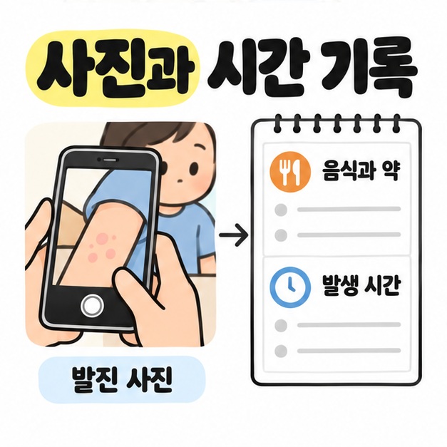 아이 팔의 발진을 휴대전화로 촬영한 화면에서 음식과 약, 발생 시간을 적는 기록장으로 연결되는 그림