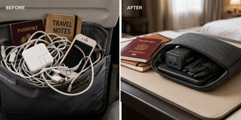 비행기 좌석 주머니에 여권, 여행 노트, 구형 스마트폰, 흰색 충전기와 엉킨 케이블이 가득한 정리 전 모습과 호텔 방 테이블 위 파우치 안에 GaN 충전기와 케이블, 보조배터리를 깔끔하게 정리한 정리 후 모습을 좌우 비교한 이미지