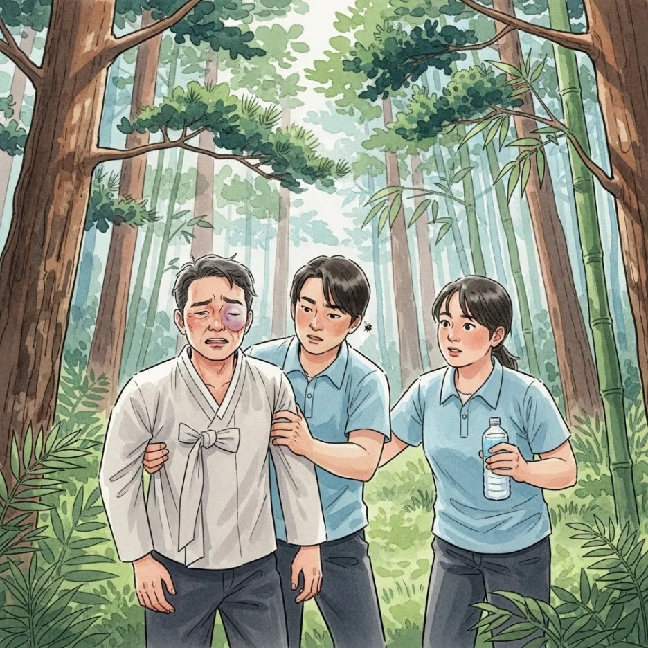 숲 속 촬영 중 위기 상황에 처한 모습