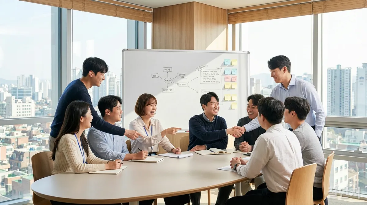 동료들과 협력하며 회복 탄력성을 강화하는 직장인들