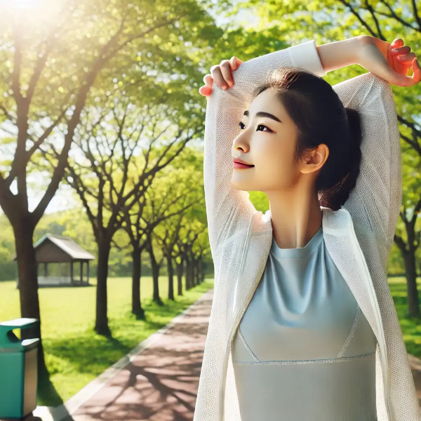 봄철 야외에서 스트레칭하는 젊은 아시아 여성