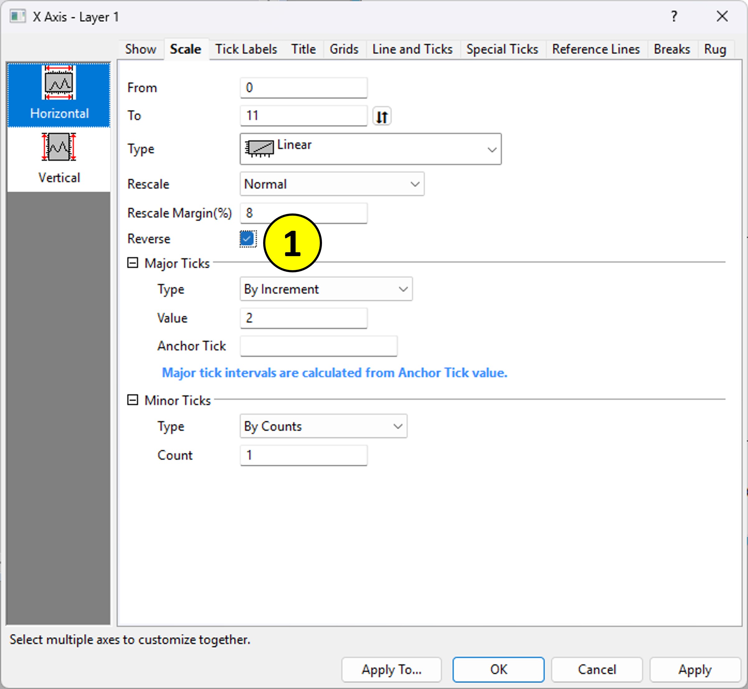 X축 또는 가로축 반전을 위한 옵션 설정
