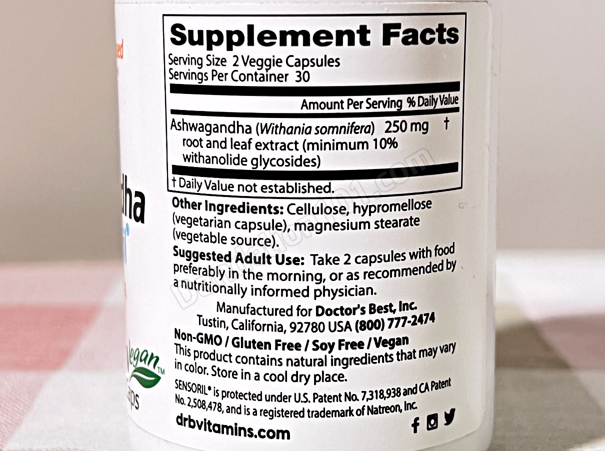 닥터스 베스트 센소릴&reg; 함유 아슈와간다 (Doctor's Best Ashwagandha with Sensoril&reg;) 영양 성분, 권장 섭취량, 기타 성분