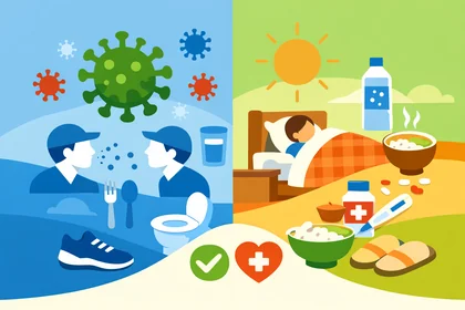 바이러스성 장염 전염 경로와 회복 관리 기준을 시각적으로 정리한 이미지11