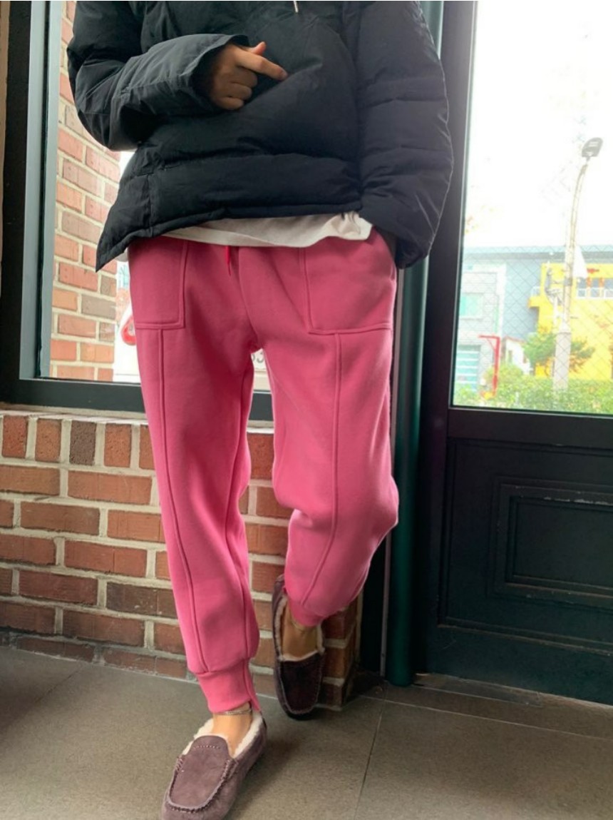 핑크 옐로우 그레이 비비드 겨울 언발 밴딩 기모 조거 팬츠