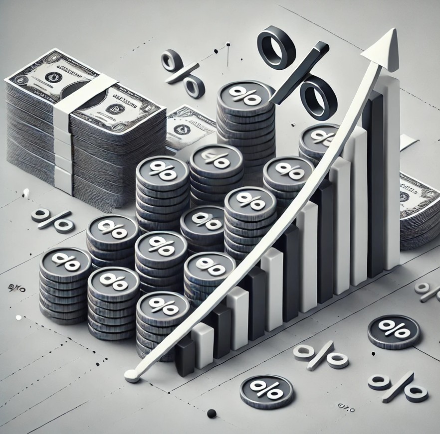달러와 동전과 퍼센티지 표시, 그리고 상승 곡선 그래프가 함께하는 그림