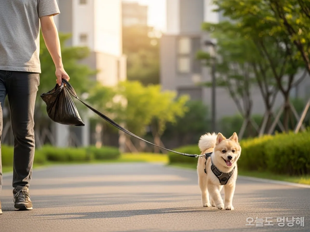 한국 아파트 단지 산책로에서 2m 리드줄을 잡고 배변 봉투를 든 채 산책하는 모범적인 반려인의 손 클로즈업