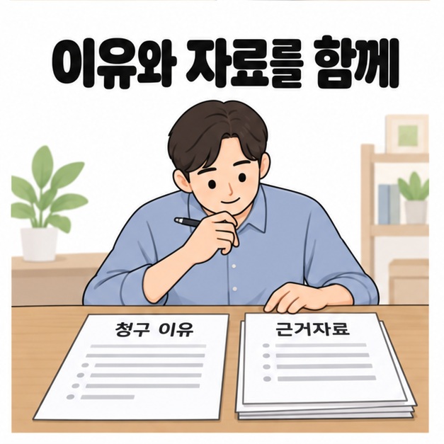 이유와 자료를 함께 제목 아래 성인 남성이 청구 이유 문서와 근거자료 묶음을 나란히 놓고 검토하는 모습