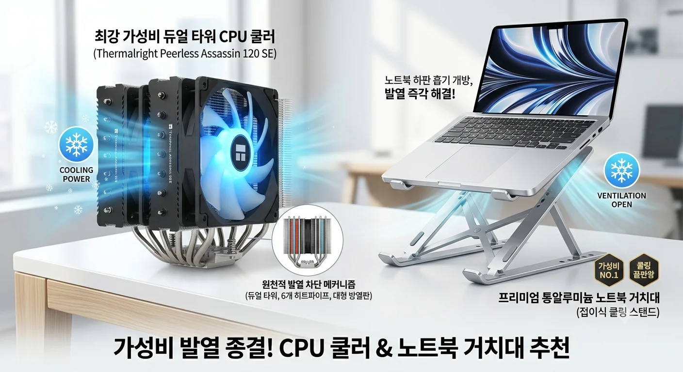 컴퓨터 소음과 발열을 영구 해결하는 대형 듀얼타워 공랭 쿨러 및 알루미늄 거치대 추천