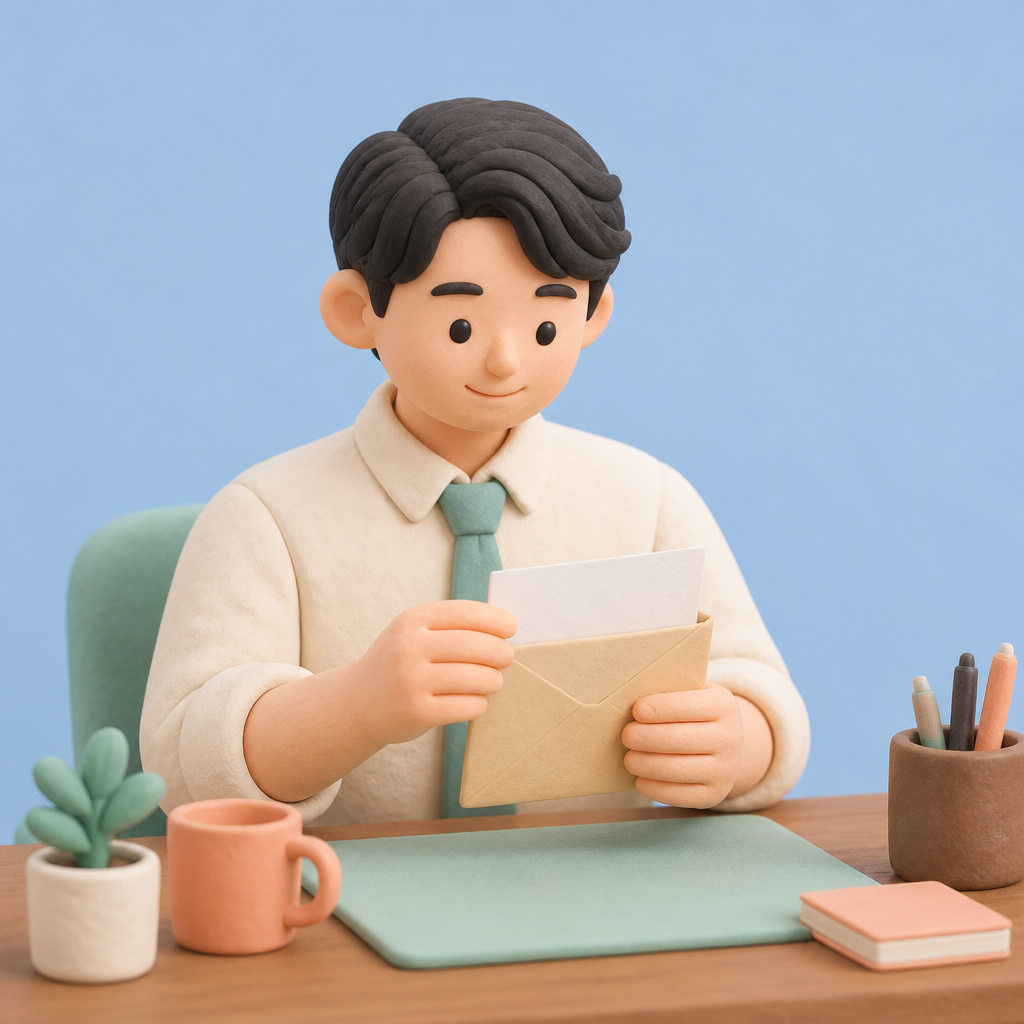 회사 사무실 자리에서 급여 명세서 봉투를 열어 보는 20대 남성