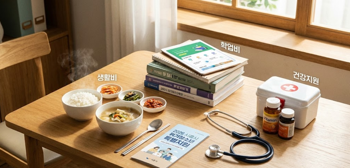 따뜻한 식사와 책이 놓여 있는 책상 모습 - 지원 항목 형상화