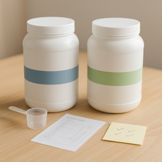 WPI와 WPC 제품 옆에 영양성분표를 체크한 메모가 놓여 있어 구매 결정을 돕는 장면.