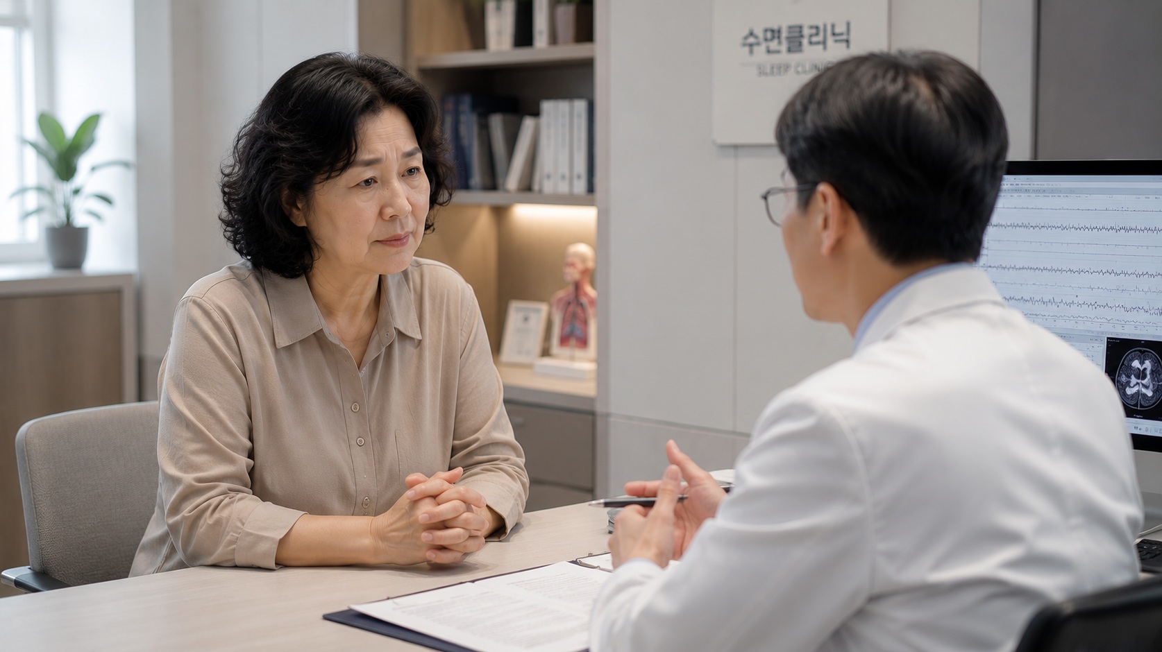 수면클리닉에서 의사와 상담하며 설명을 듣고 있는 60대 여성의 모습