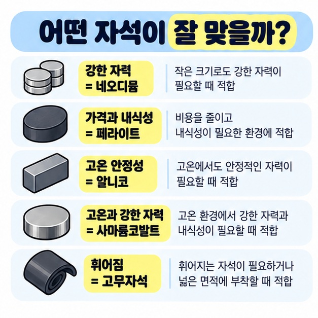 네오디뮴은 강한 자력, 페라이트는 저렴하고 녹에 강함, 알니코와 사마륨코발트는 고온 환경에 유리하다는 차이를 정리한 카드