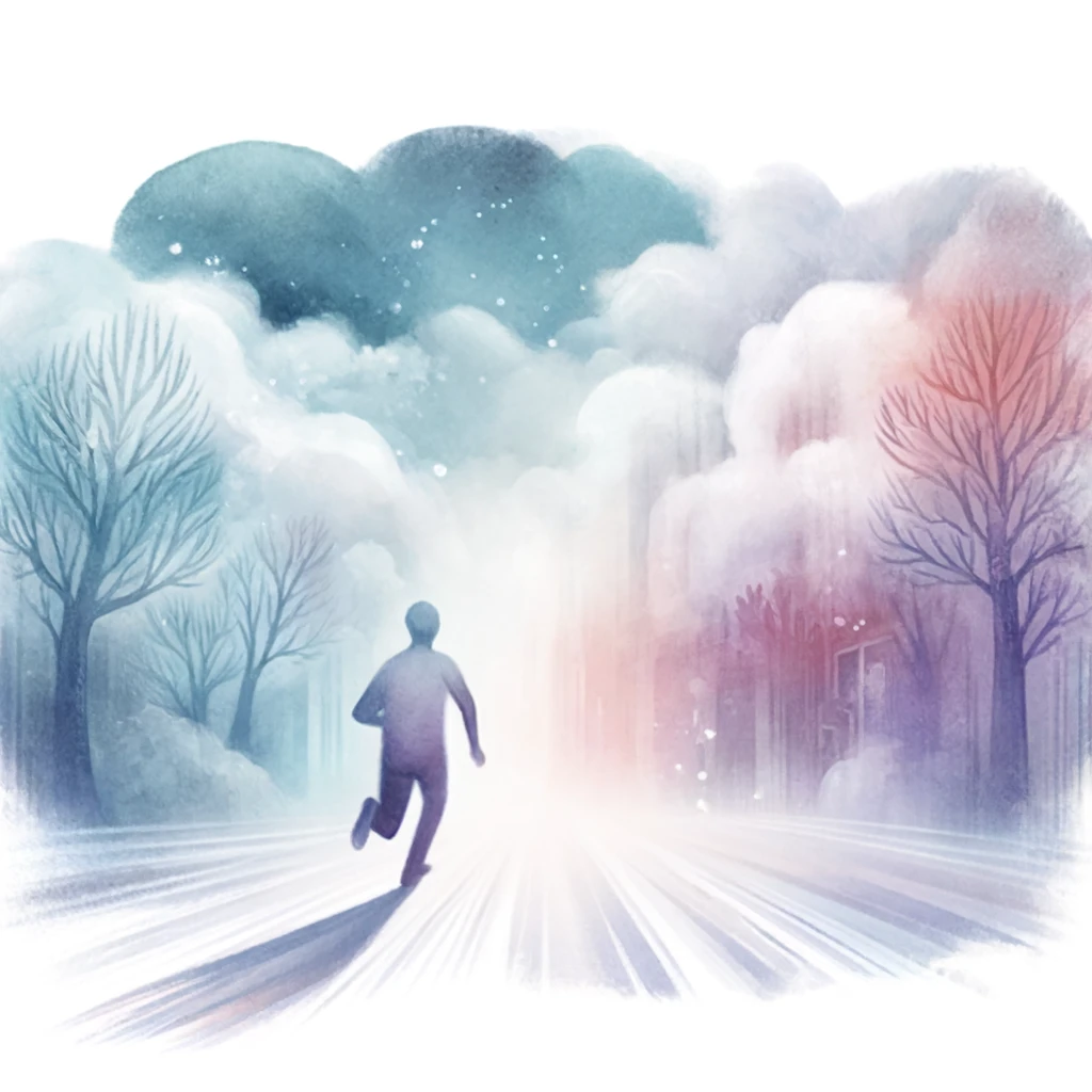 누군가에게 쫓기고 있는 사람. 주변에 산과 나무들로 가득하고, 길은 끊임없이 계속되고있고, 누군가가 쫓아오고 있어서 도망가고 있는 남성의 모습을 일러스트로 표현