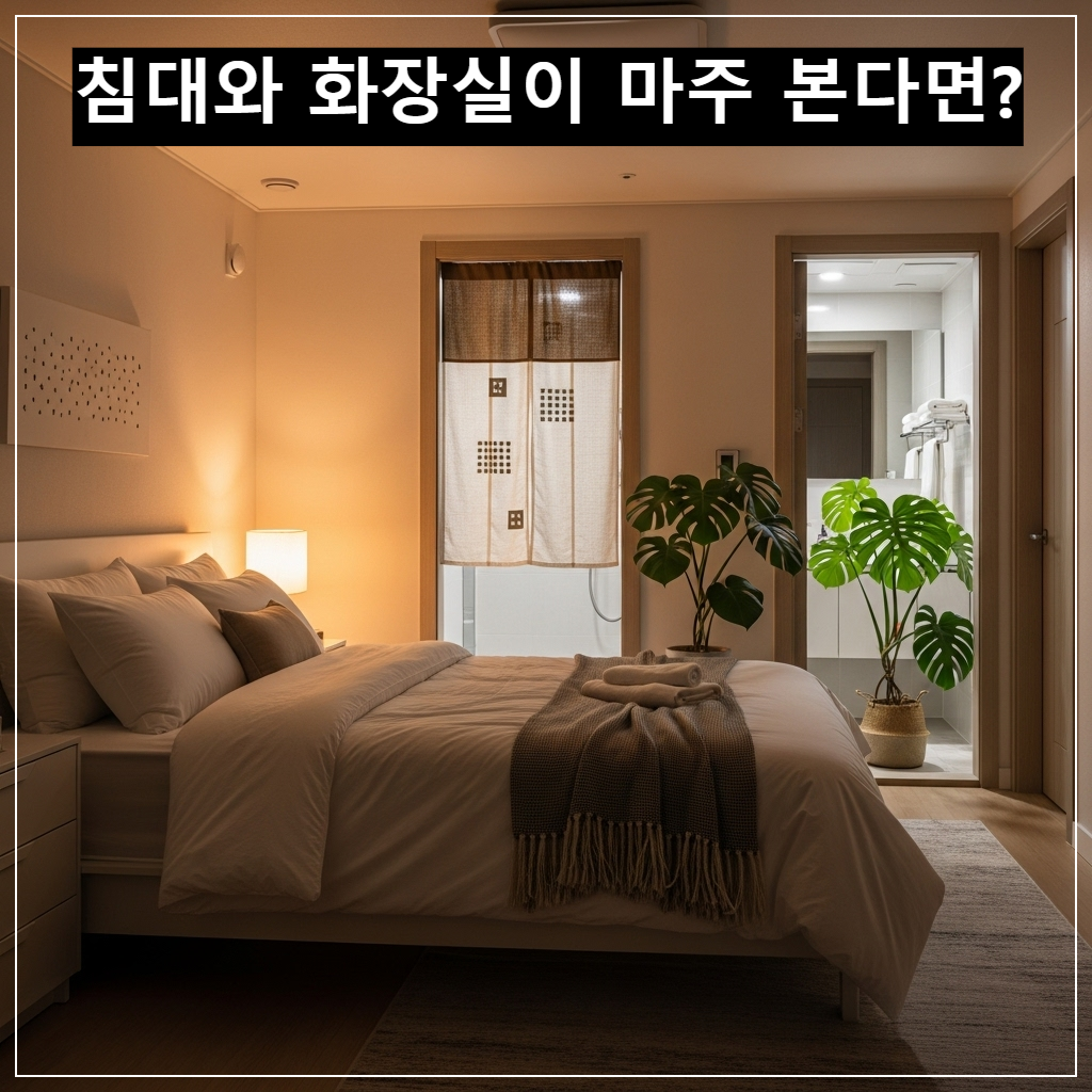 한국형 아파트 안방 침대 맞은편 화장실 문에 가림막 커튼이 설치되고 옆에 관엽식물이 놓인 아늑한 인테리어 사진