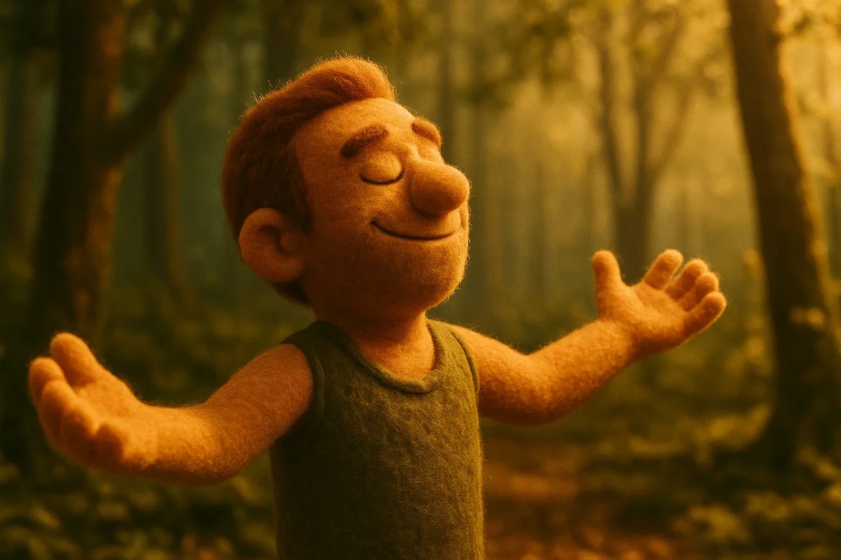 숲속에서 팔 벌리고 미소 짓는 털 인형 캐릭터