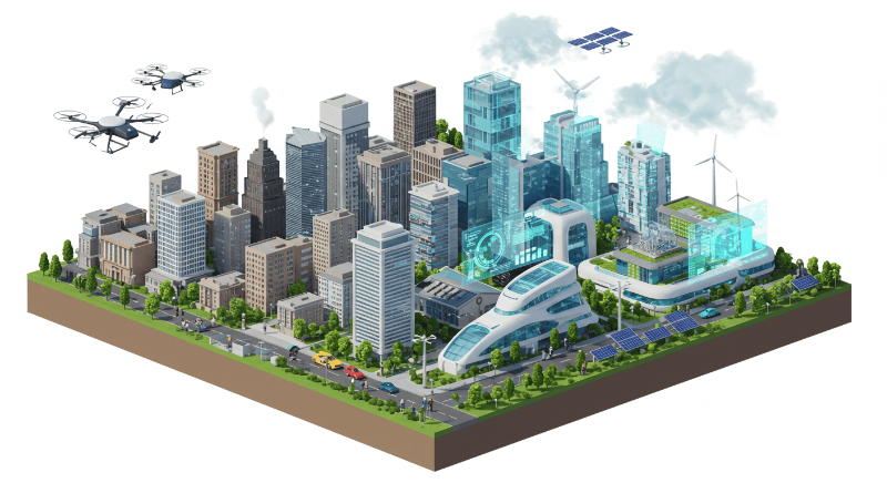 양자 클러스터 조성 전후의 도시 모습을 비교하여 보여주는 3D 미래 도시 일러스트레이션
