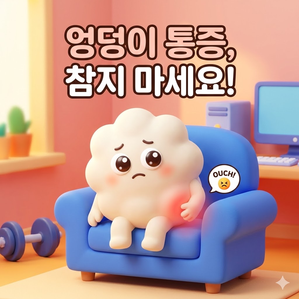 엉덩이 통증으로 불편해하는 귀여운 캐릭터가 의자에 앉아 있는 모습. 통증 완화의 중요성을 강조합니다.