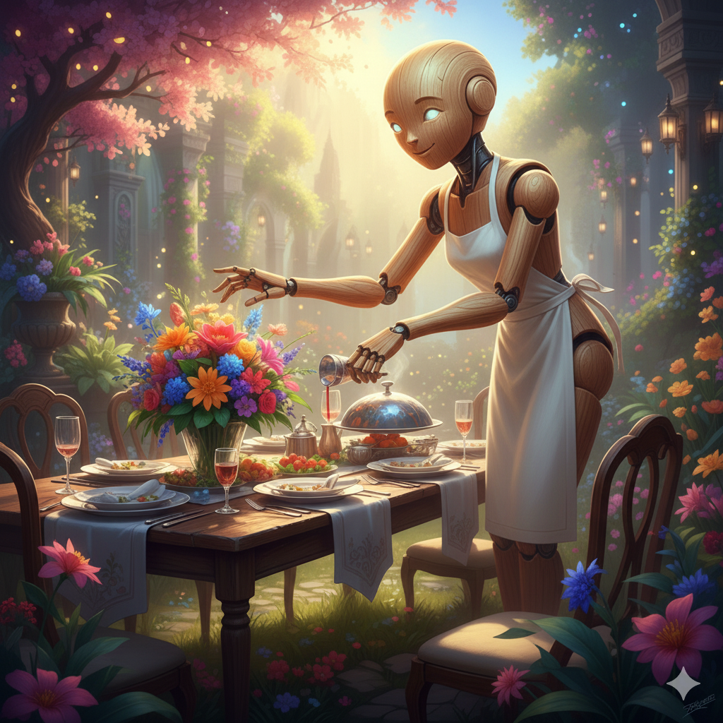 꽃이 가득한 정원에서 식탁을 준비하는 AI의 모습, 인간의 삶을 돕는 조력자로서의 인공지능을 표현한 장면