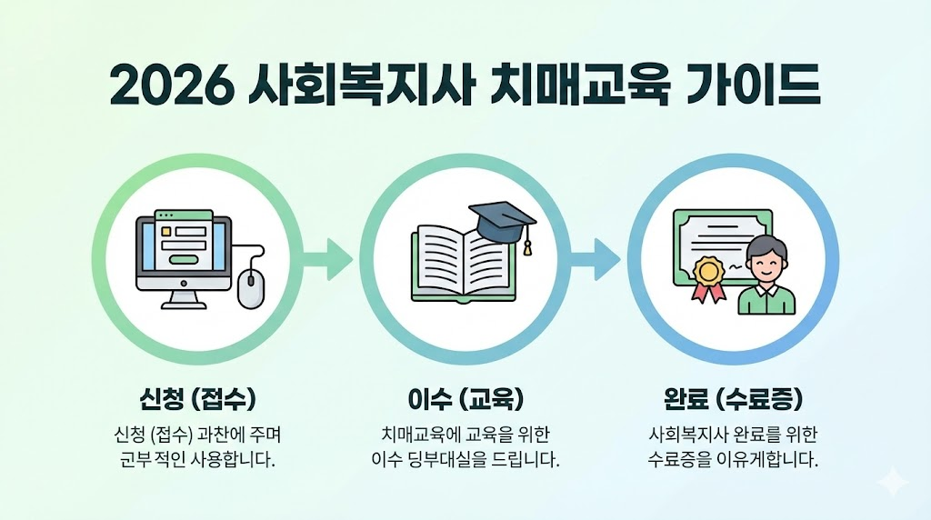 사회복지사 치매교육 신청 절차 및 이수 혜택 요약 인포그래픽