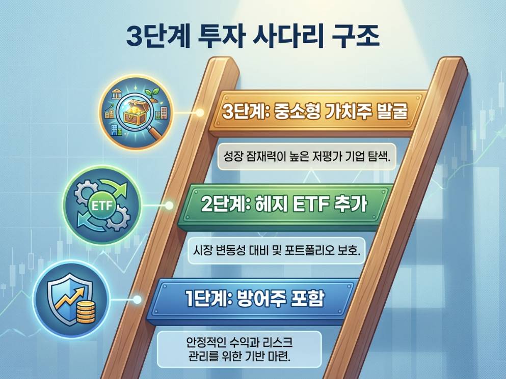3단계 사다리 구조 인포그래픽, 1단계 방어주 편입, 2단계 헤지 ETF 추가, 3단계 중소형 가치주 발굴