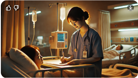 나이트 근무 중 환자를 돌보는 간호사