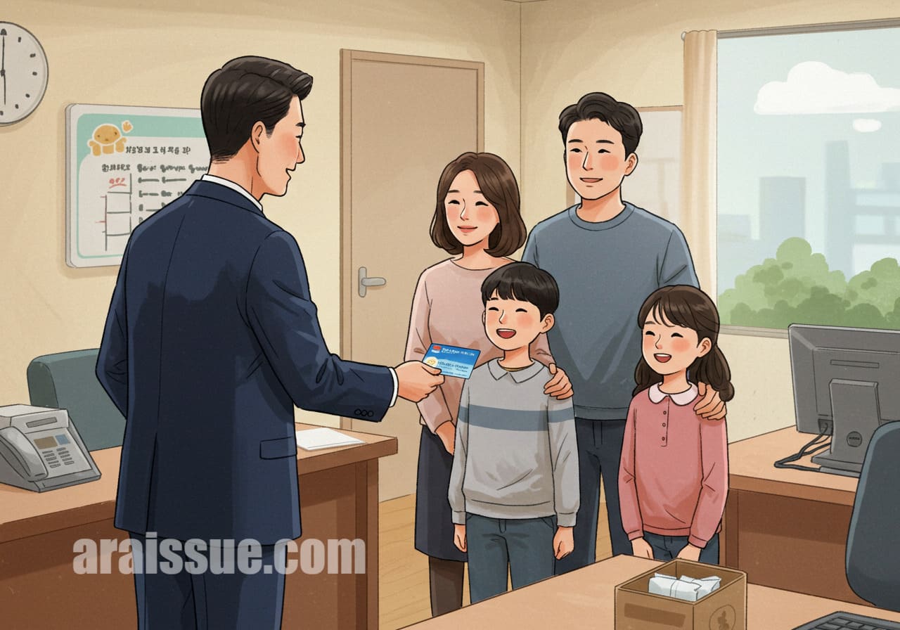 한국 가족이 공무원으로부터 식품 바우처 카드를 받는 장면을 묘사한 일러스트입니다.
밝고 정돈된 분위기의 관공서 배경입니다.