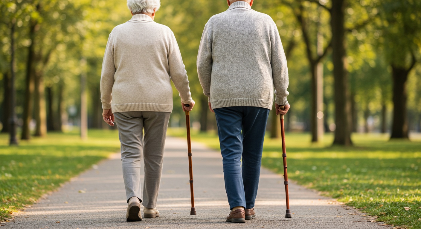 70대 노부부가 안전하게 걷고 있는 모습, 적절한 보조 도구 사용과 안정적인 자세 보여주기