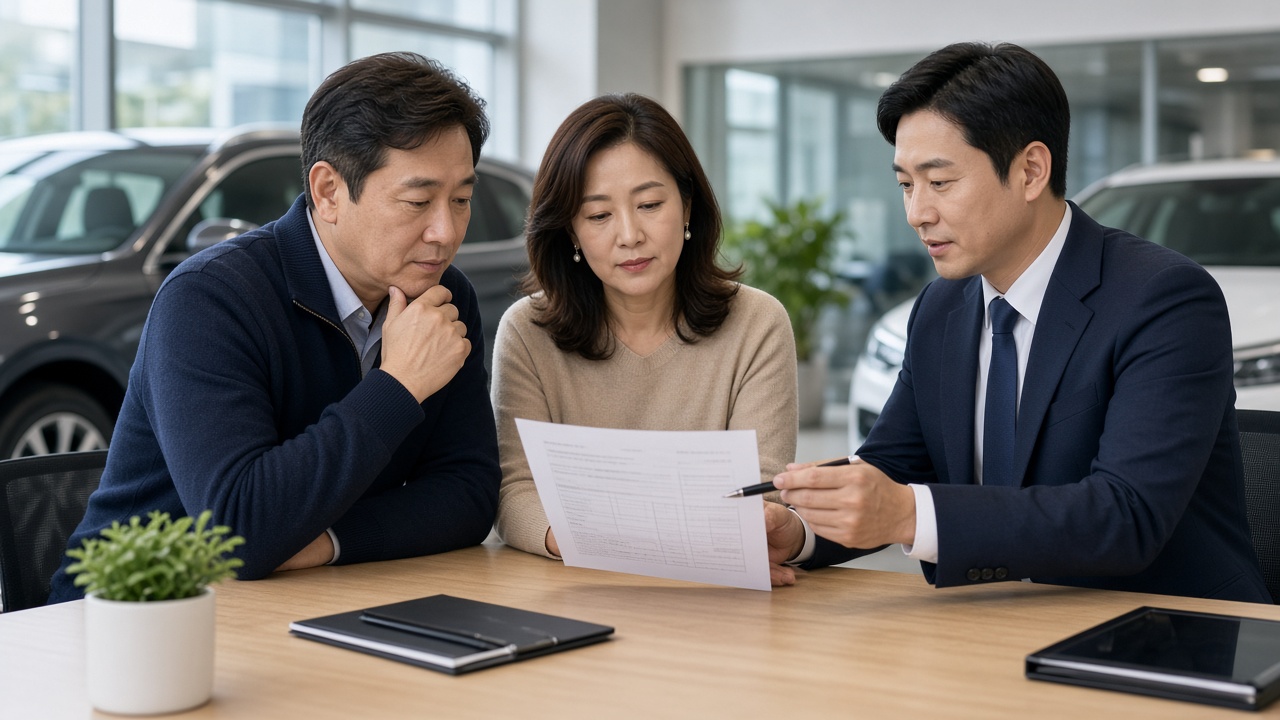 딜러와 견적서를 펼쳐 옵션을 고르는 한국인 중년 부부
