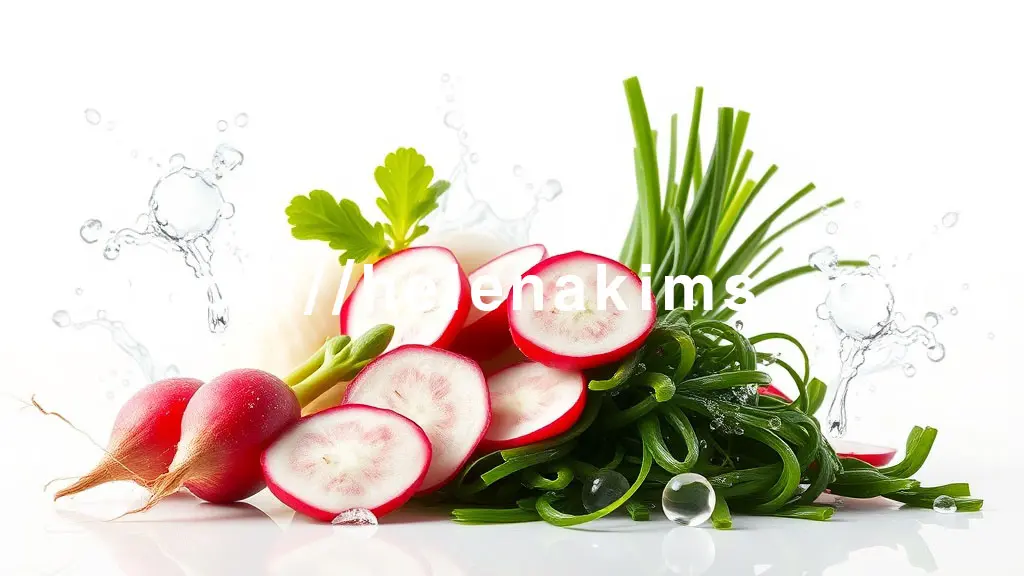 깨끗하고 밝은 배경 위에 신선한 **도라지 뿌리, 슬라이스 된 무, 그리고 촉촉한 해조류(미역/다시마)**가 조화롭게 배열된 이미지.