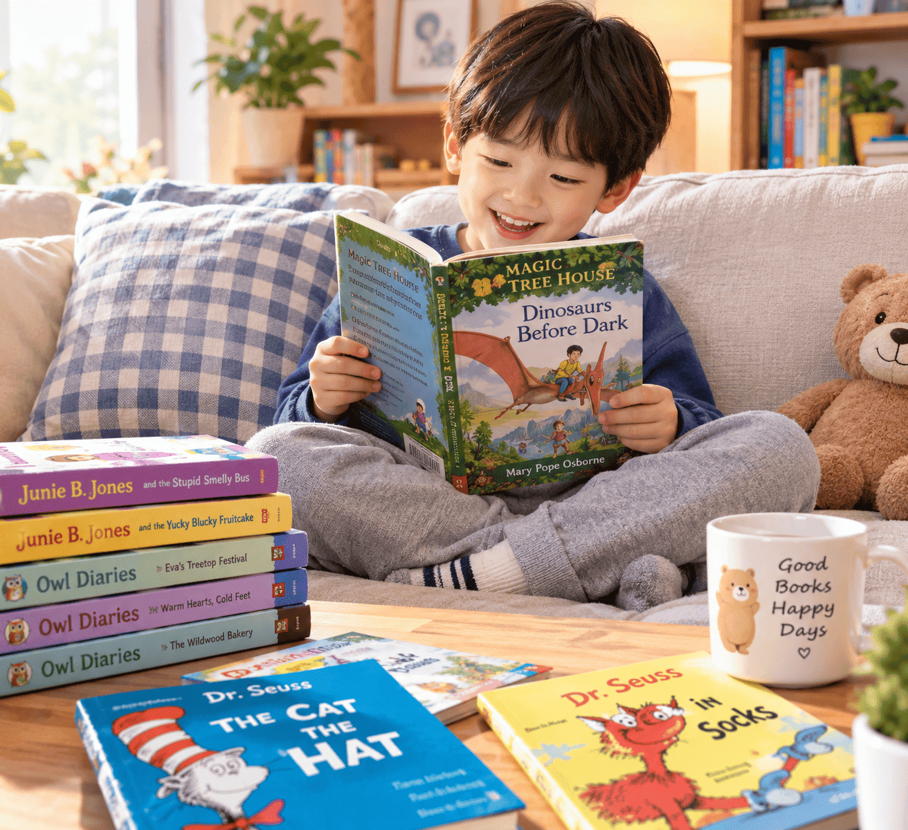 혼자서 거실에서 'Magic Tree House'를 즐겁게 읽고 있는 남자아이
