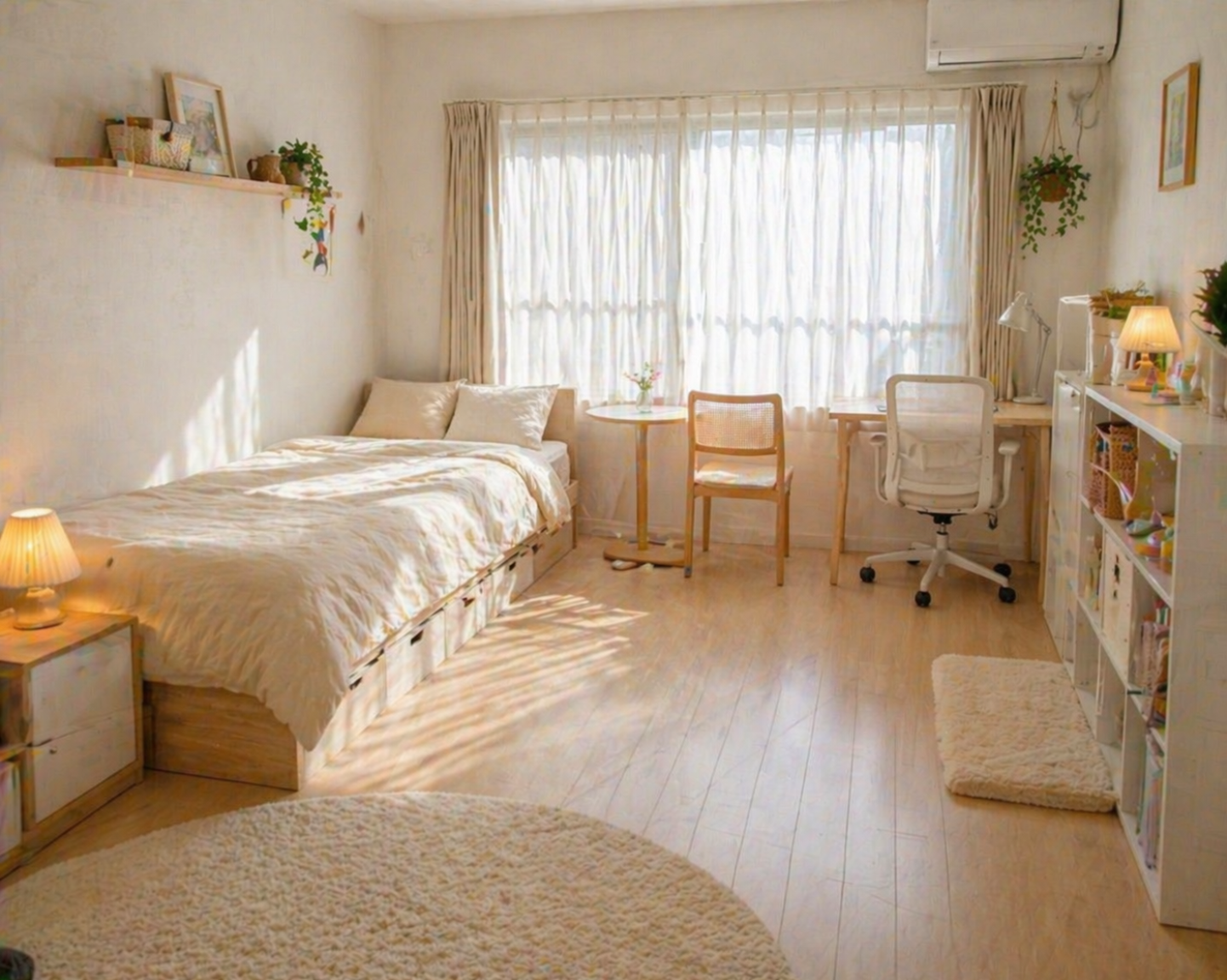 가구를 많이 줄이지 않아도 배치와 바닥 정리로 넓어 보이게 만든 원룸 모습