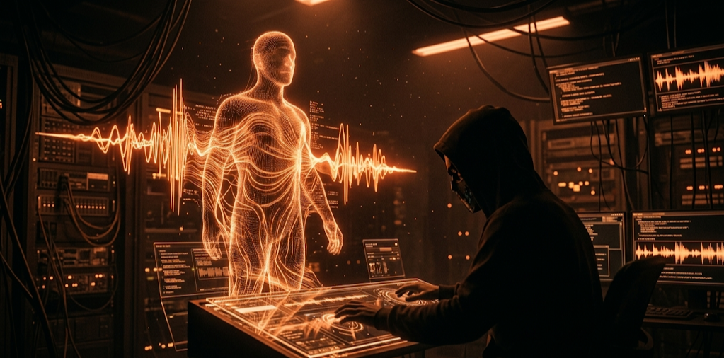 디지털 파동으로 변조되는 목소리와 사기꾼의 어두운 실루엣을 형상화한 이미지