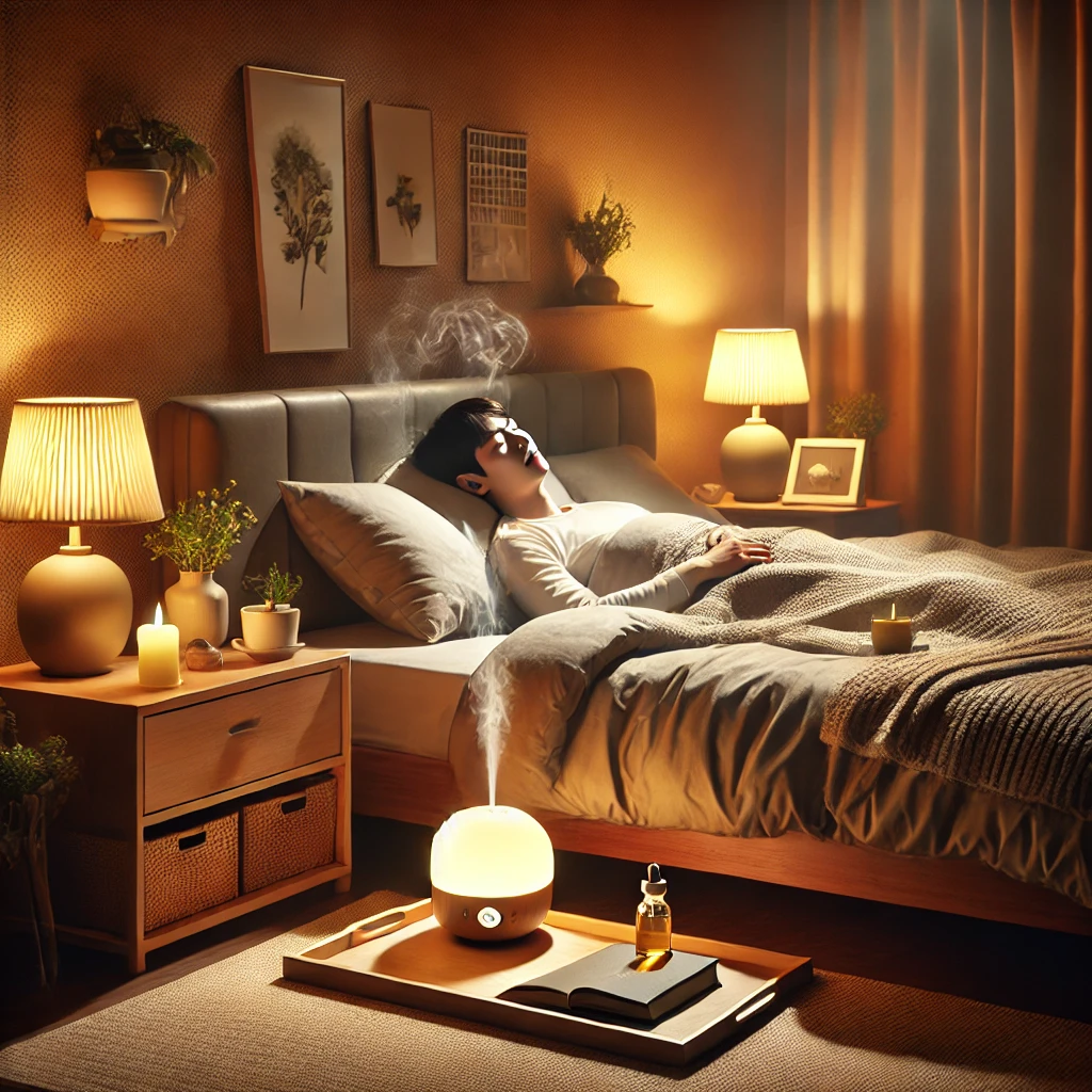 "수면의 질을 높이기 위해 최적화된 침실에서 깊이 잠든 한국인. 따뜻한 조명, 포근한 침구, 아로마 디퓨저, 허브티가 놓인 테이블이 숙면을 돕는 요소로 배치된 모습. 건강한 수면 습관, 숙면을 위한 환경 조성, 불면증 완화, 꿀잠을 위한 수면 위생 관리 방법을 강조한 장면."