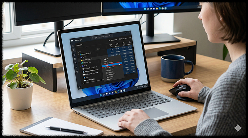 작업 관리자에서 Windows Explorer를 다시 시작하는 모습