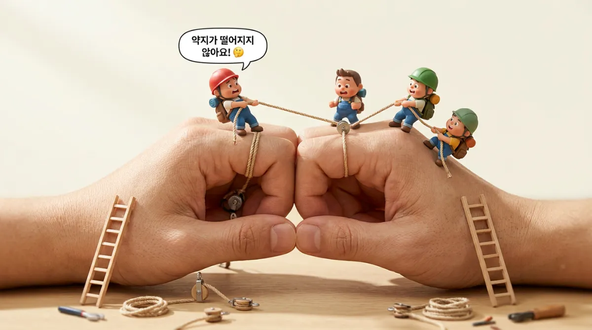 중지를 맞대어 약지가 떨어지지 않는 손가락 테스트를 시연하는 미니어처 캐릭터