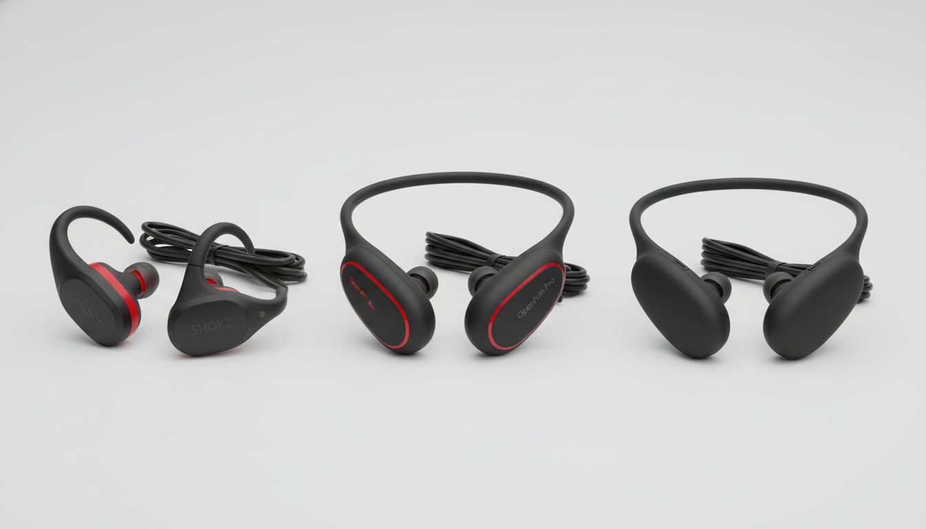 샥즈 오픈핏 프로, 오픈런 프로, 보급형 골전도 이어폰 세 가지가 나란히 놓여 비교되는 모습입니다. 각 이어폰의 디자인과 형태 차이가 명확하게 보입니다.