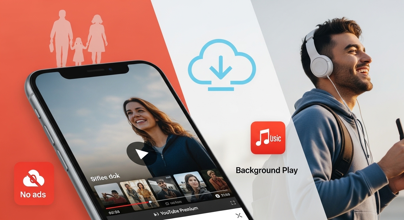 2025년 유튜브 프리미엄의 핵심 혜택들을 시각적으로 보여주는 이미지: 광고 없이 동영상을 시청하는 스마트폰, 백그라운드 재생으로 음악을 듣는 사람, 오프라인 저장 아이콘, 그리고 가족 공유 개념을 나타내는 실루엣이 조화롭게 배치되어 있다.