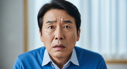 드라마 장면을 보며 긴장한 표정의 중년 남성